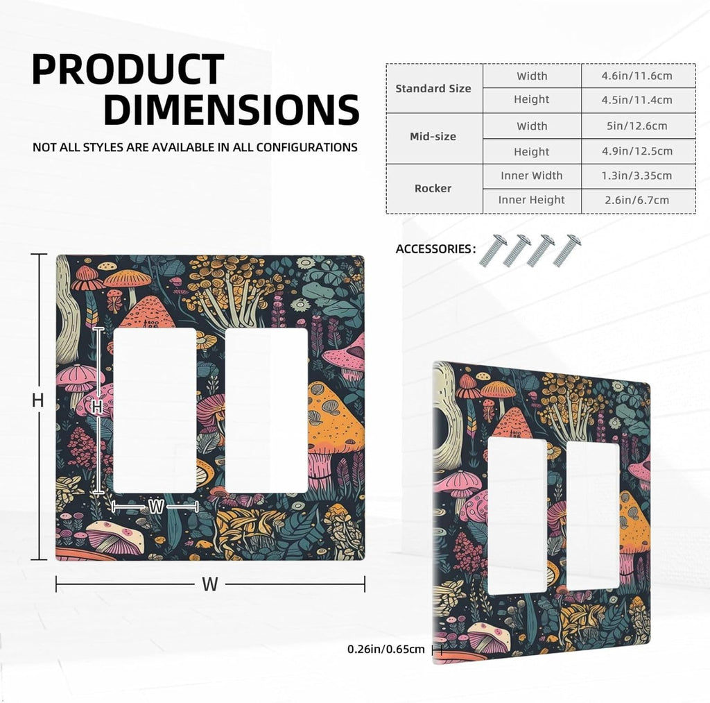 Decorative Outlet Covers Cartoon Comics Colorful Mushrooms 2 Gang Wall Plate Double Rocker Two Switch Wall Cover Plate Light Switch Cover Plate Faceplate for Country Bedroom Decor