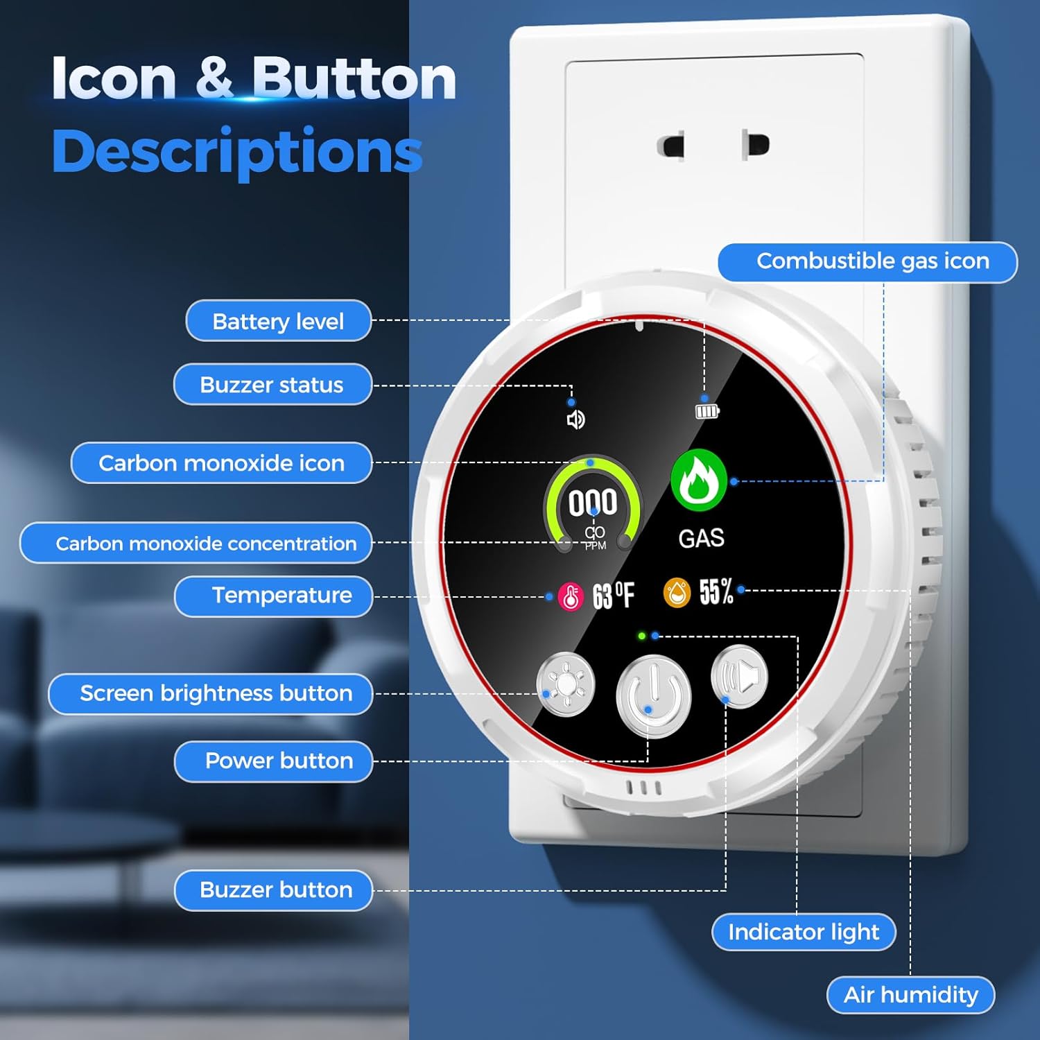 4 in 1 Carbon Monoxide Detectors Plug in, CO Detector & Natural Gas Detector with Battery Backup, HD Digital Display Monitors CO, Combustible Gas, Temp, Humidity - Home Safety for House, RV, Apartment