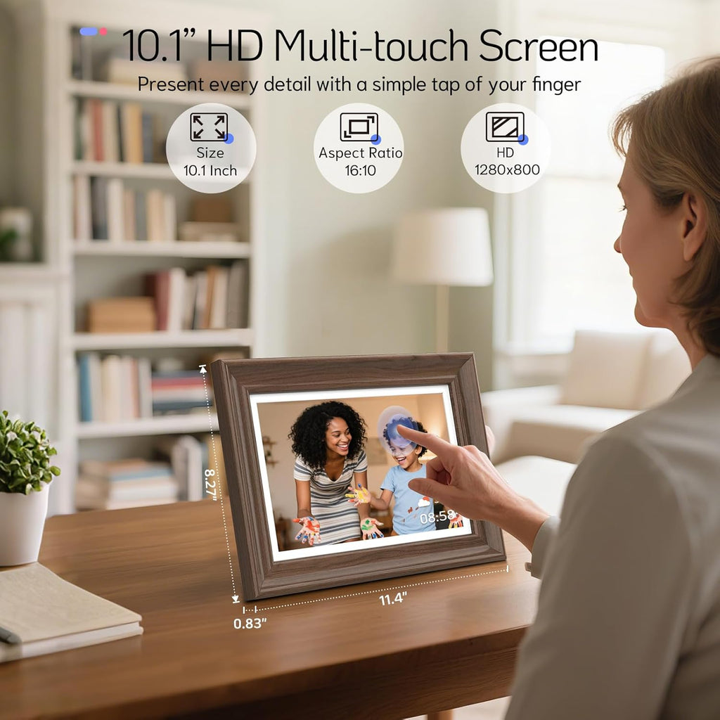 NexFoto 10.1" Wood Digital Picture Frame, 64GB WiFi Electronic Photo Frame HD Touchscreen, Add Pics from Google Photos, Share Photos/Videos via App/USB, Gift for Christmas/Mom/Birthday, Walnut