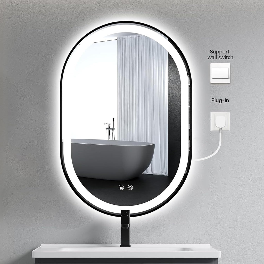 Niccy Oval LED Mirror for Bathroom, 36x24 Front Lit + Backlit Vanity Mirrors with Light Anti-Fog, Shatter-Proof, 3 Colors, Makeup Mirror with Black Frame (Horizontal/Vertical)