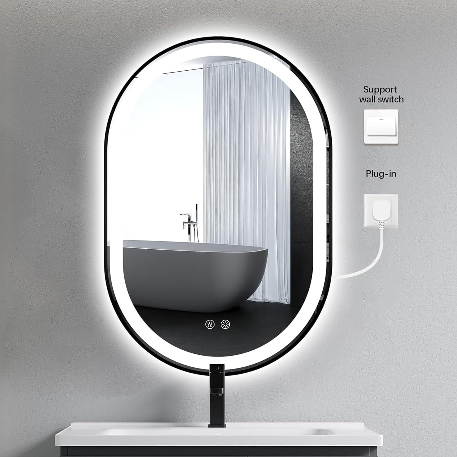 Niccy Oval LED Mirror for Bathroom, 36x24 Front Lit + Backlit Vanity Mirrors with Light Anti-Fog, Shatter-Proof, 3 Colors, Makeup Mirror with Black Frame (Horizontal/Vertical)