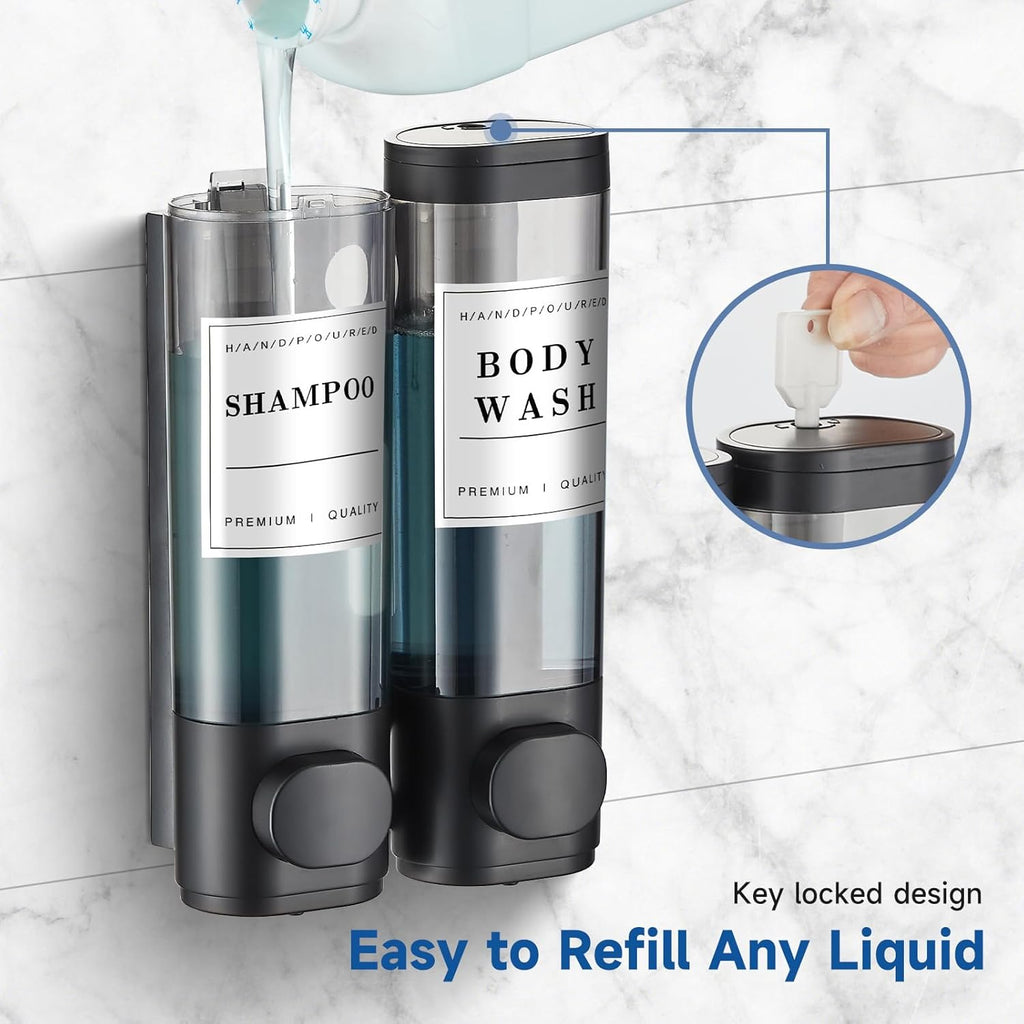 Shower Soap Dispenser Shampoo and Conditioner Dispenser 2 Chamber No Drill Wall-Mounted Shampoo Dispenser for Shower Wall Mounted Shower Dispenser for Bathroom Hotel Large Capacity,Black