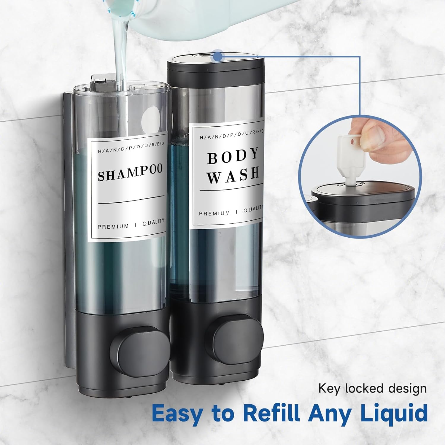 Shower Soap Dispenser Shampoo and Conditioner Dispenser 2 Chamber No Drill Wall-Mounted Shampoo Dispenser for Shower Wall Mounted Shower Dispenser for Bathroom Hotel Large Capacity,Black