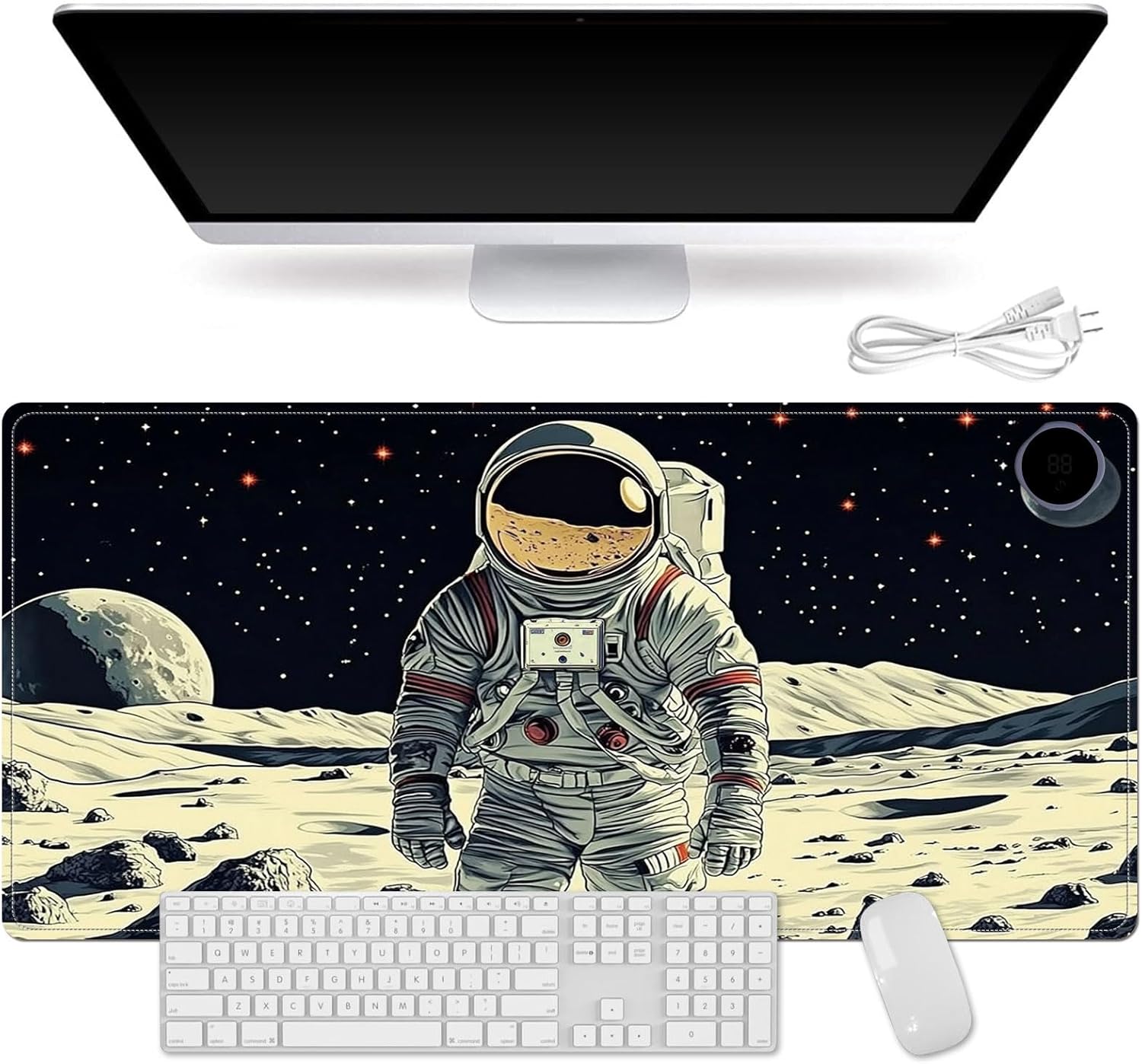 Heated Mouse Pad for Desk 31.5" x 13" – PU Leather Warm Desk Pad with 3 Heat Levels (104°F/113°F/122°F), Plug-in Electric Heating Mat with Auto Shut-Off, Waterproof & Rollable, Astronaut on Moon