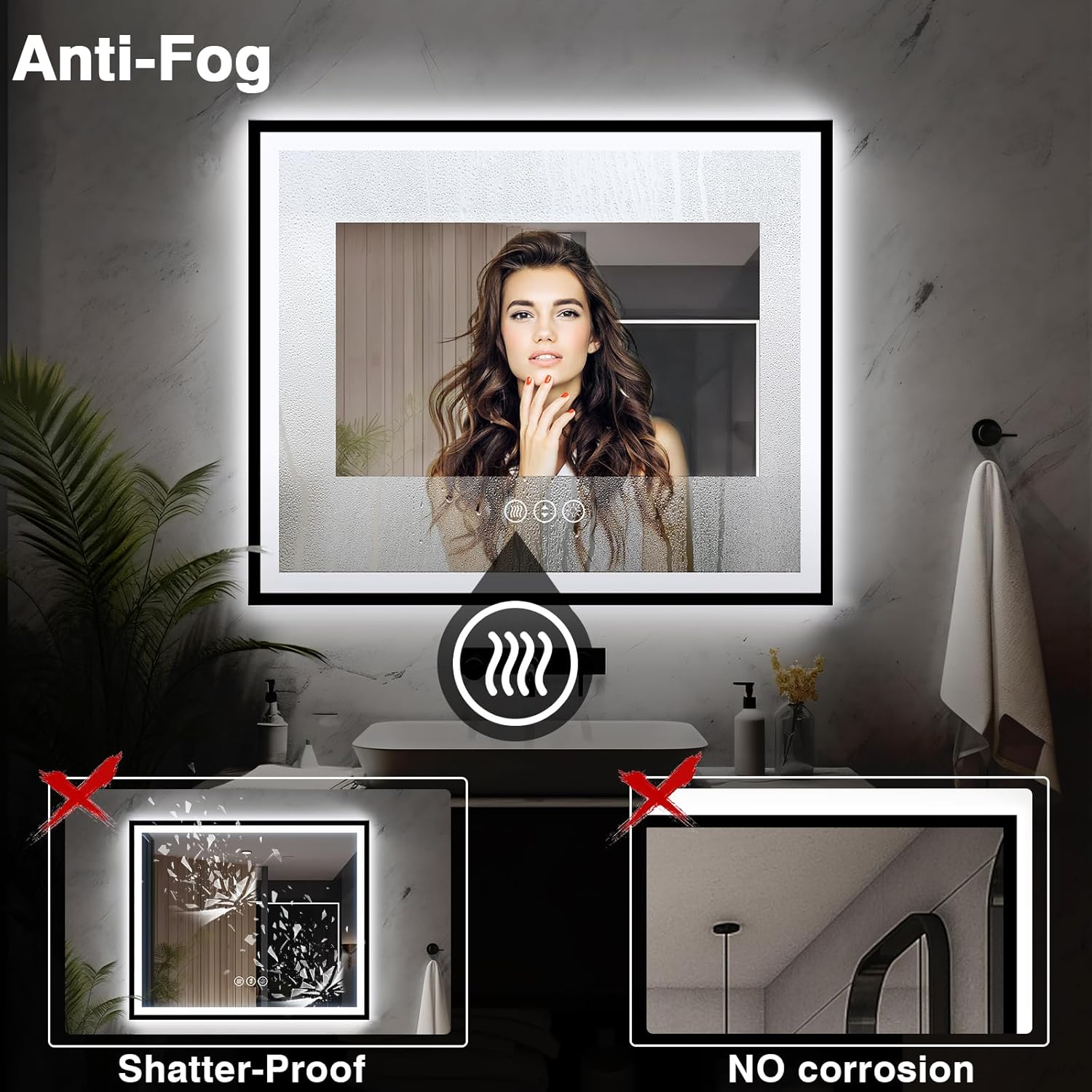 48x40 LED Lighted Bathroom Mirror - Black Aluminum Framed (Front and Backlit), Anti-Fog Bathroom Mirror with Lights,Stepless Dimmable LED Mirror,3 Colors Smart Mirror(Horizontal/Vertical)