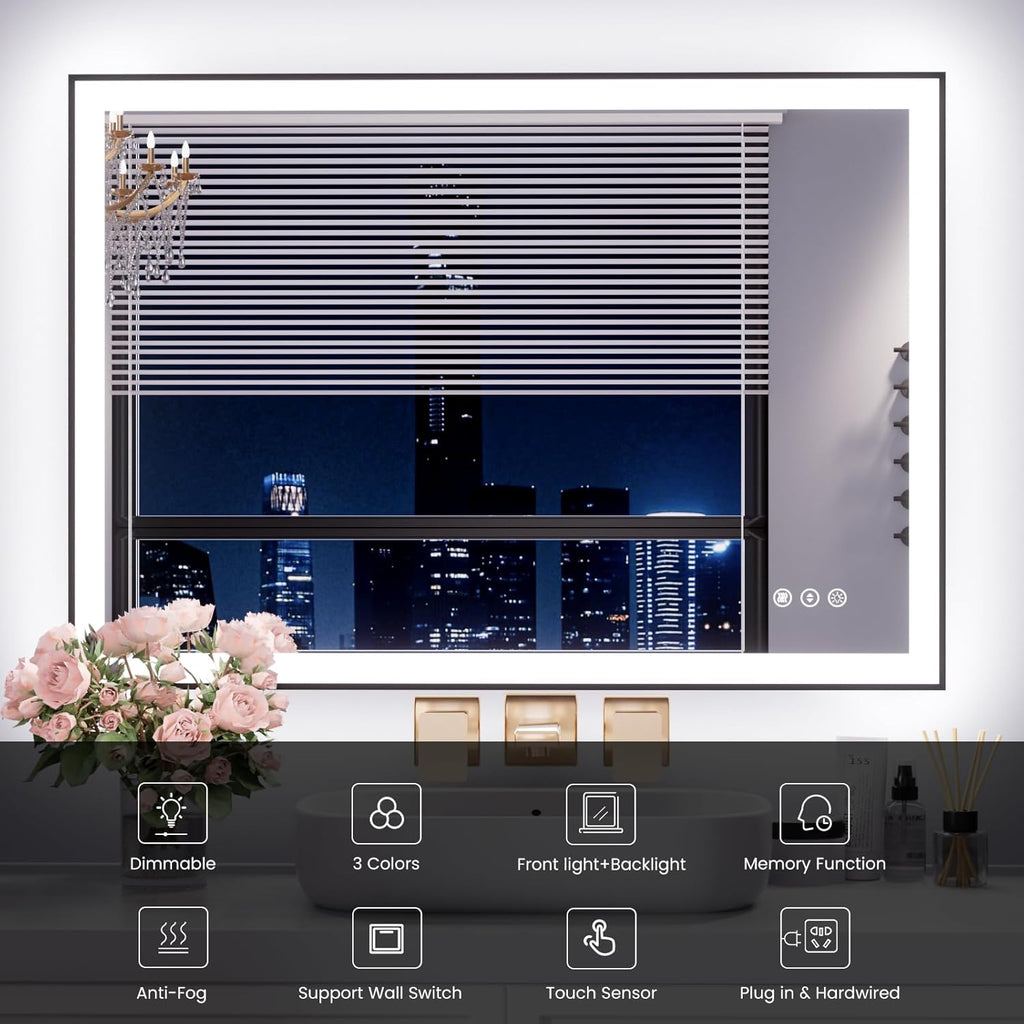 WTTY 40"X32" LED Bathroom Mirror with Black Frame, Bathroom Vanity Mirror with Lights for Wall, Front Light and Backlit, Anti-Fog, Dimmable, 3 Colors, Shatterproof, Memory, Horizontal/Vertical