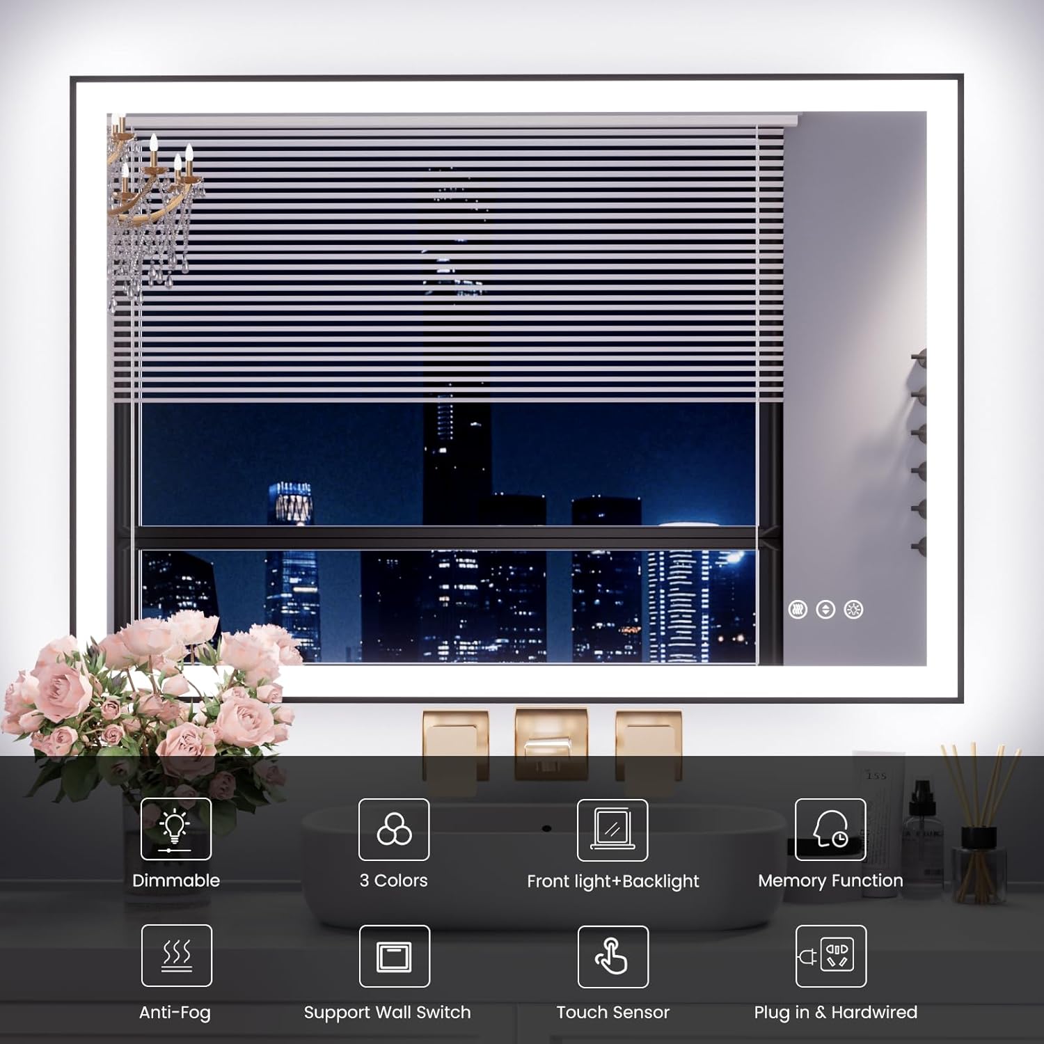 WTTY 40"X32" LED Bathroom Mirror with Black Frame, Bathroom Vanity Mirror with Lights for Wall, Front Light and Backlit, Anti-Fog, Dimmable, 3 Colors, Shatterproof, Memory, Horizontal/Vertical
