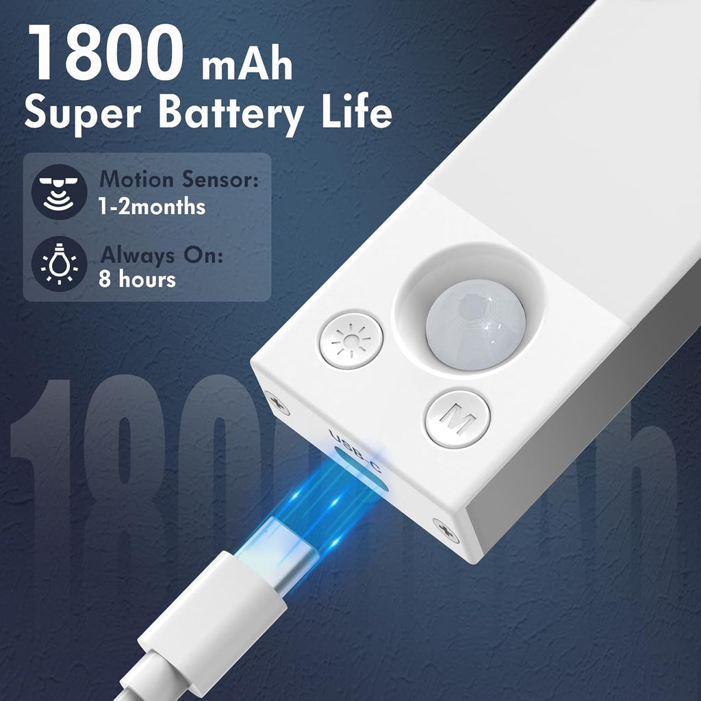 Under Cabinet Lighting 1800mAh Long Battery Life,2 Pack Dimmable Motion Sensor Light Indoor,USB C Rechargeable Under Cabinet Lights Wireless,Under Counter Lights for Kitchen Drawers, Wardrobe, Stair