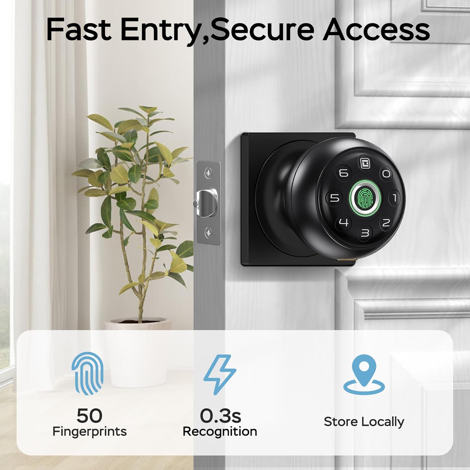 GeekTale Fingerprint Door Lock for Bedrooms, Fingerprint Door Knob with Lock, Smart Door Lock, App Control, Back-up Keys, Thumbprint Door Knob for Bedrooms, Office, Apartment