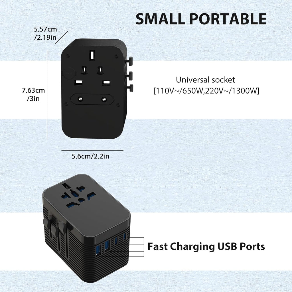 Universal Travel Adapter, European Travel Plug Adapter 5-in-1 PD Fast Charging with Surge Protection & Fuse, International Power Adapter for US EU UK AU - Black