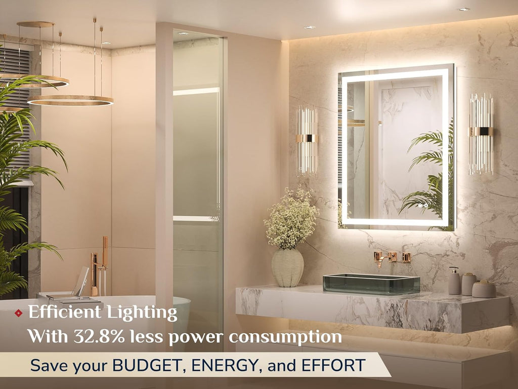 Keonjinn LED Bathroom Mirror 28 x 36 Inch, Frontlit & Backlit Vanity Mirror with 3 Color Lights, Lighted Mirror for Bathroom Wall with Anti-Fog, HD Tempered Glass, UL-Listed LED Driver, CRI90+