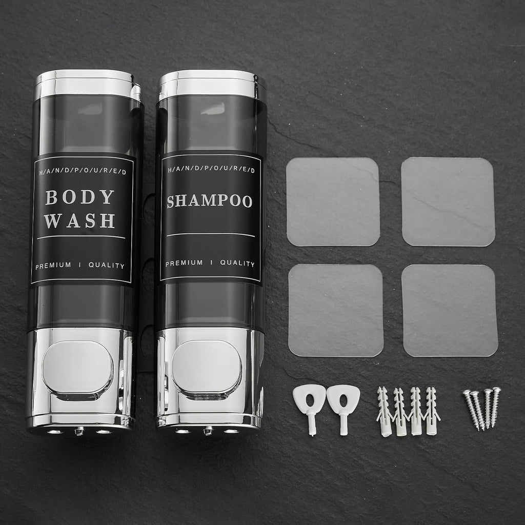 Shower Soap Dispenser 2 Chamber No Drill Wall-Mounted Shampoo Dispenser for Shower Wall Mounted Shower Dispenser for Bathroom Hotel Large Capacity,Chrome1