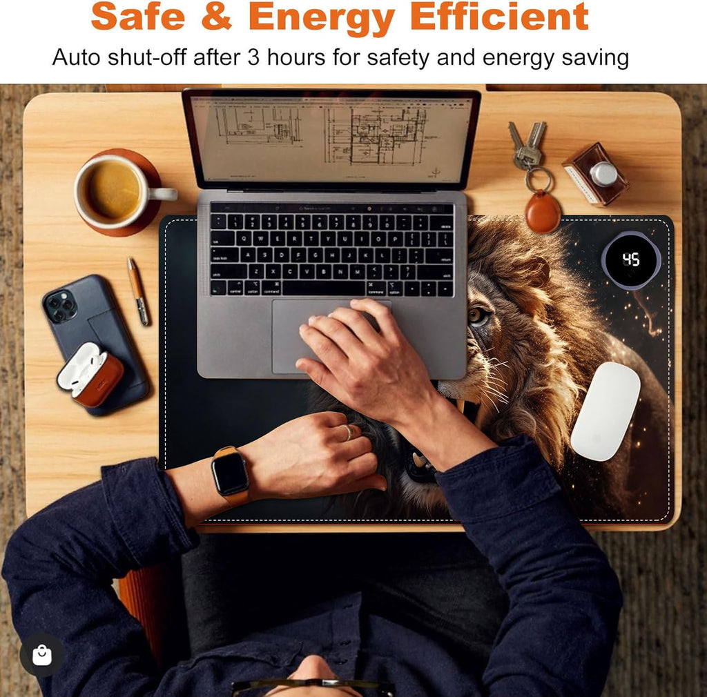 Small Heated Desk Pad 23.6" x 14.2" – Compact Electric Mouse Pad with 3 Heating Levels, Auto Shut-Off, Waterproof PU Surface, Plug-in Warmer for Office or Home Use, Roaring Lion