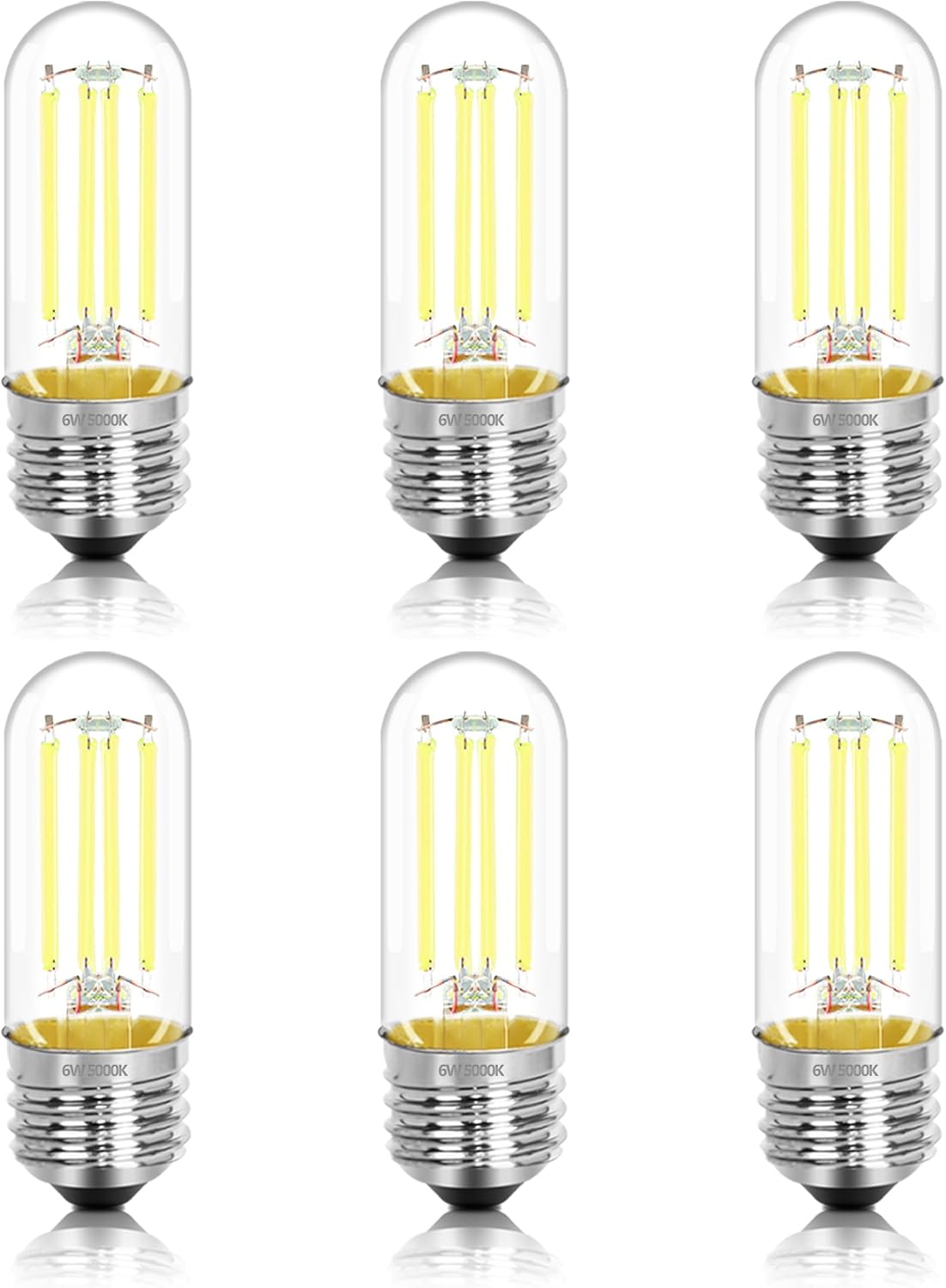3.2 Inch 5000K Daylight White E26 LED Bulb 60 Watt Equal, AC 120V 600LM Edison Bulbs Dimmable, 6W T10 T30 Filament Light Bulbs Clear Glass for Fan Pendant Wall Light, UL Listed-6 Pack