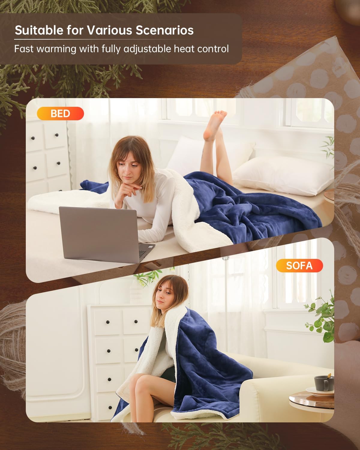 Electric Heated Blanket Twin Size, Washable Blanket Warmer for Home for Adults, Fast Heating, Super Cozy Soft Flannel 62" x 84", 9 Heat Levels, 1-9H Auto-Off, ETL Certified, Navy Blue