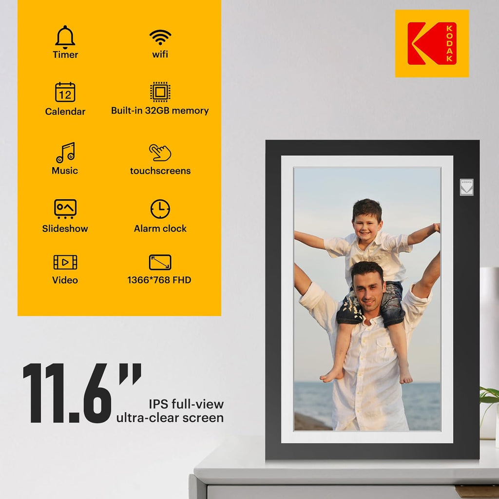 KODAK WiFi Digital Picture Frame, 11.6 Inch 1366 * 768HD IPS Touchscreen Digital Photo Frame with 32GB Storage, Easy Setup to Share Photos or Videos, The Best Gift for Family and Friends