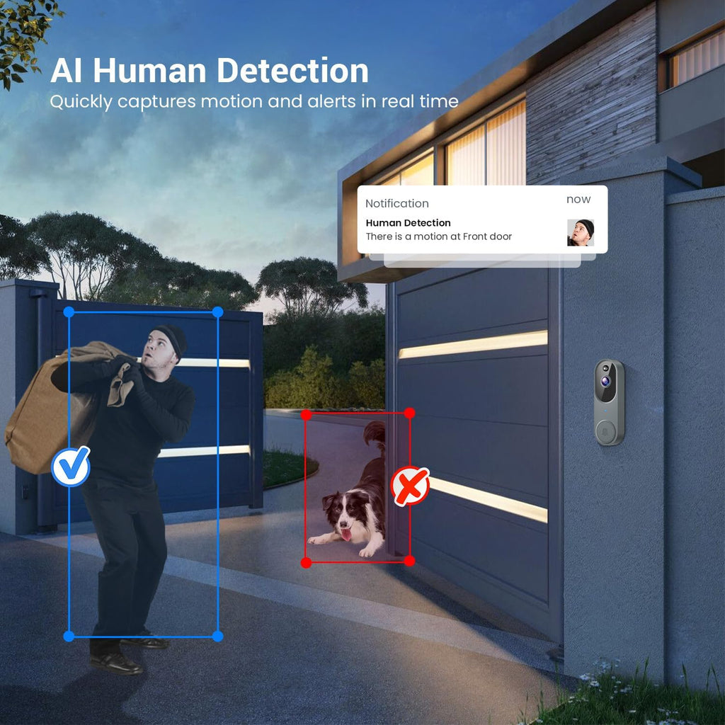 1080p Wireless Video Doorbell Camera, AI Human Detection, Live View, Night Vision, Cloud Storage, 2.4G WiFi, Battery Powered, Indoor Outdoor Surveillance (Includes Doorbell Receiver)