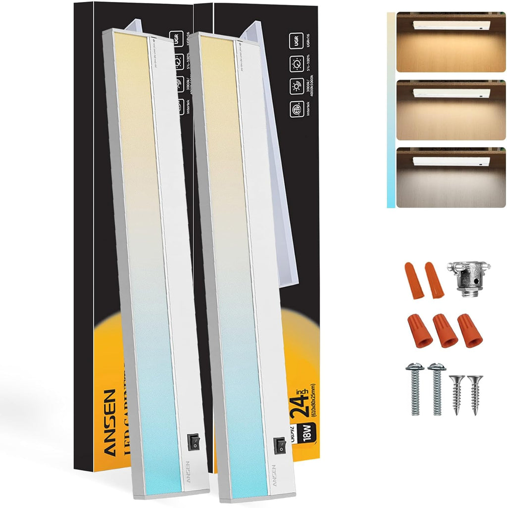 Ansen 2Packs of Under Cabinet Lighting Hardwired, 24in 18W 1237LM Dimmable Led Light for Kitchen/Closet, CRI 92+, R9 90+, 3 Color Temperature, 3000K/4000K/5000K(Warm White, Cool White, Daylight)