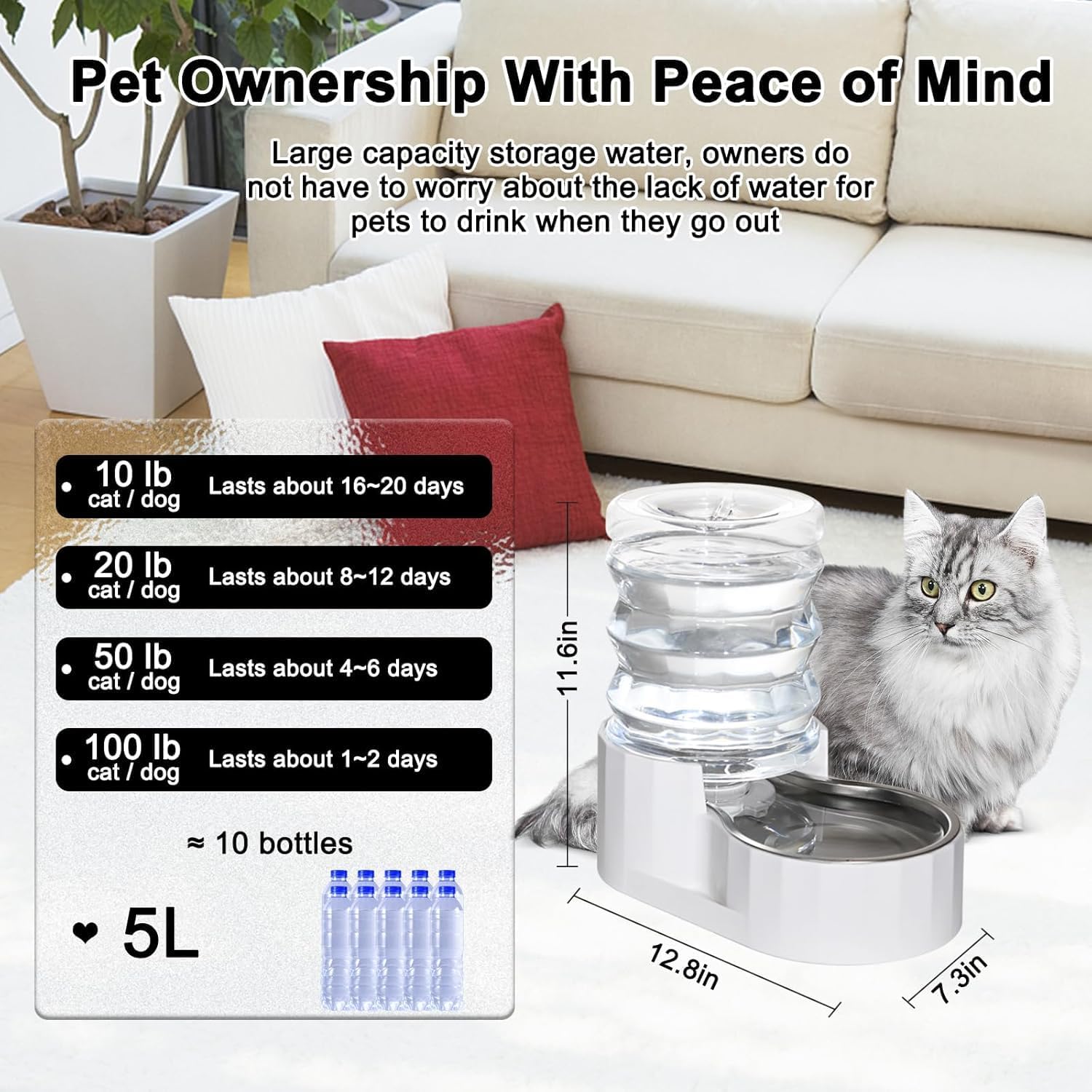 RIZZARI Dog Water Bowl Dispenser: 5L Large Automatic Stainless Steel Gravity Feeder with Specialized Brush and Triple Filter - for Cats with Joint Spine Pain - for Kitchen Bedroom