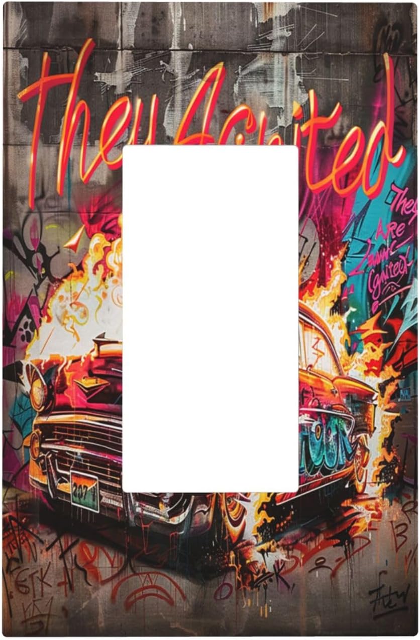 Decorative Outlet Covers Hip Hop Street Graffiti Flame Car 1 Gang Single Rocker Light Switch Cover Plate Wall Plates GFCI Faceplate for Bedroom living Room Decor