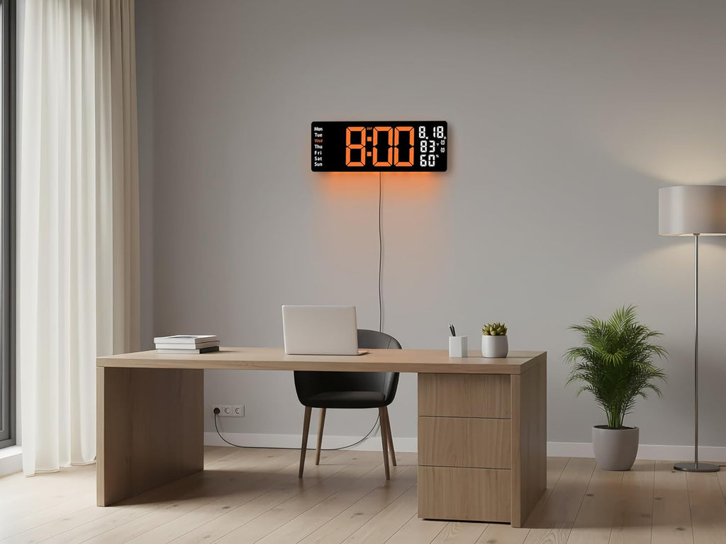 17.5 Inch Orange LED Digital Wall Clock with 8 Ambient Light Colors｜Displays Time,Date,Day,Temperature&Humidity,Dual Alarms,Countdown&Stopwatch,DST,10-Level Auto/Manual Brightness｜Modern Silent Clock