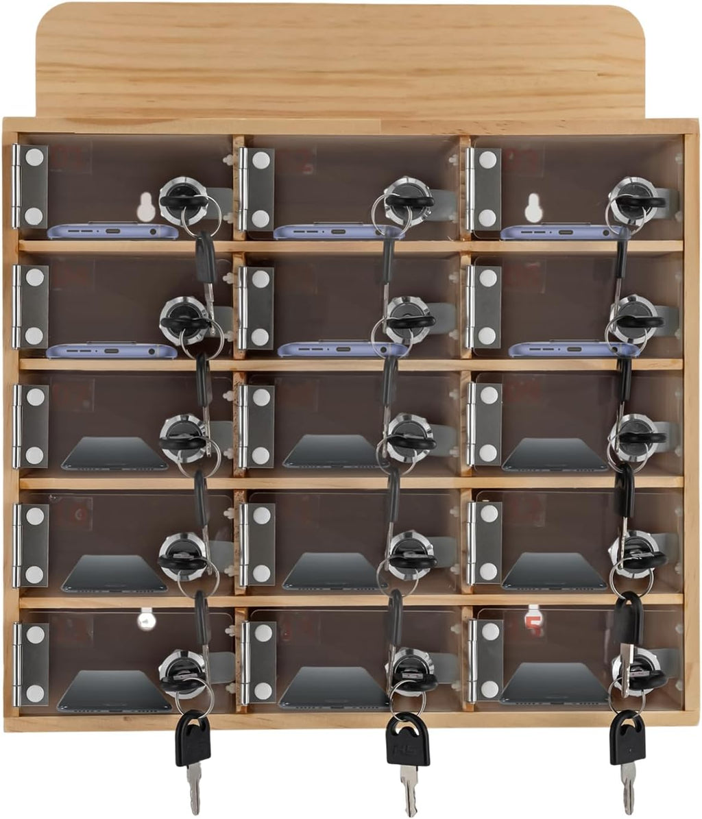 15 Slot Lockable Cell Phone Locker Box, Wall-Mounted/Freestanding Clear Acrylic & Wood Cell Phone Storage Cabinet with Door Locks and Keys for Classroom, Office, and School Employees