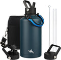 Insulated Water Bottle with Straw,87 oz 3 Lids Water Jug with Carrying Bag,Paracord Handle,Double Wall Vacuum Stainless Steel Metal Flask,Navy Blue