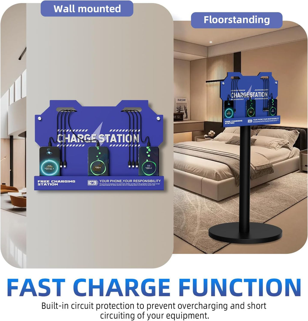 Mechanical Type Wall Mounted Charging Station with 8 PortHigh Speed Cables - Universal Dock for Apple, Type-C & Android Devices, Perfect for Airports, Hotels, Offices, School (Blue)