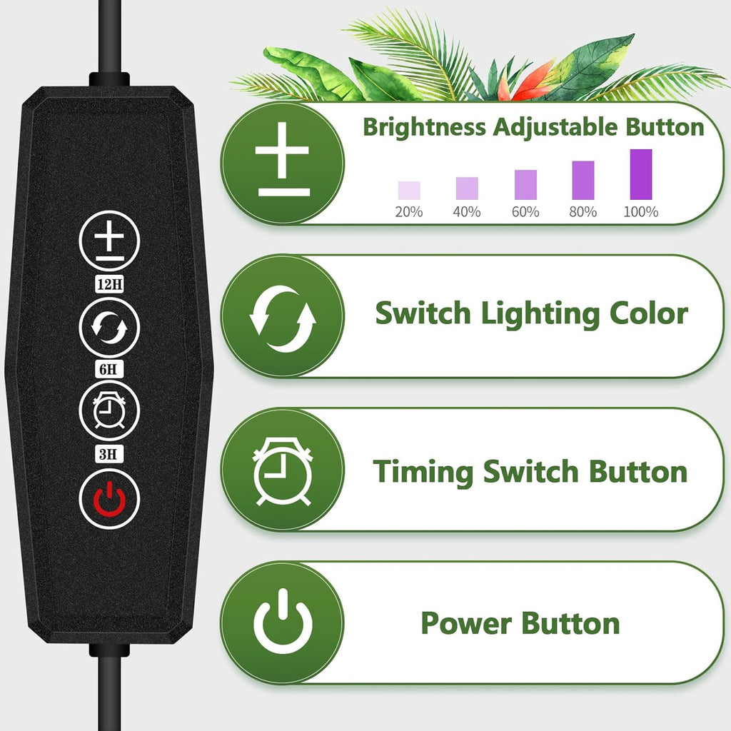 LED Grow Light, 3 Heads Red Blue White Full Spectrum Plant Light with Clamp for Indoor Plants & Seed Starting, 10-Level Dimmable, Auto On Off, Timing 4 9 12Hrs