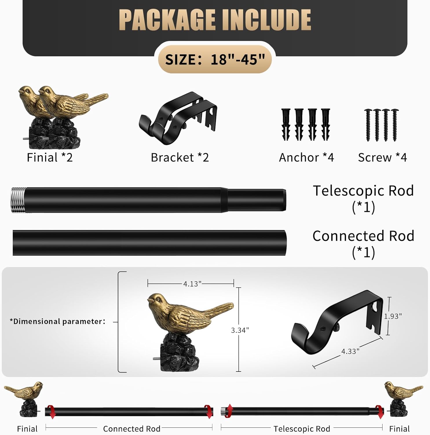 Vintage Black Curtain Rod 18 to 45 Inches Curtain Rods for Windows Adjustable Heavy Duty Drapery Rod with Gold Bird Finials for Kitchen Window Living Room