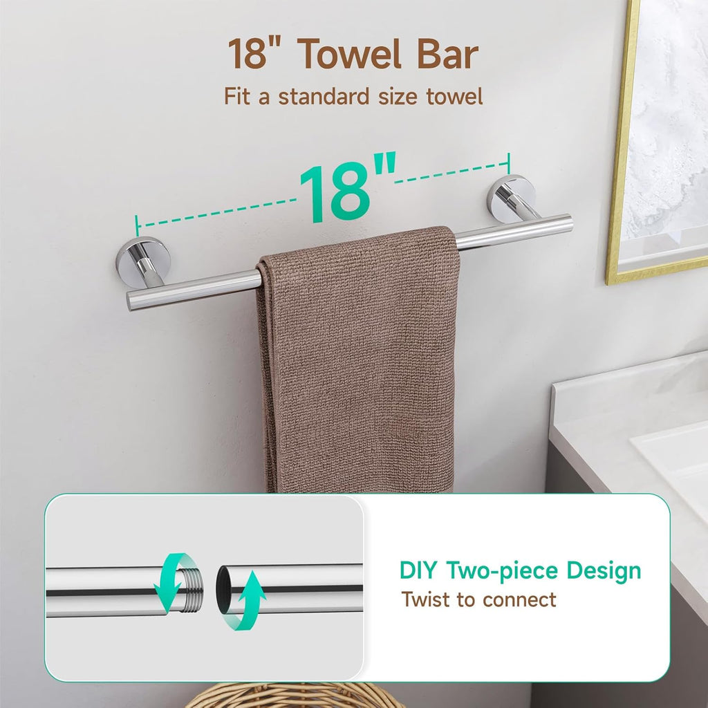 USHOWER Polished Chrome Bathroom Accessories Set, 18-Inch Towel Bar Set Wall Mounted, Durable SUS304 Stainless Steel Bathroom Hardware Set, 4-Piece