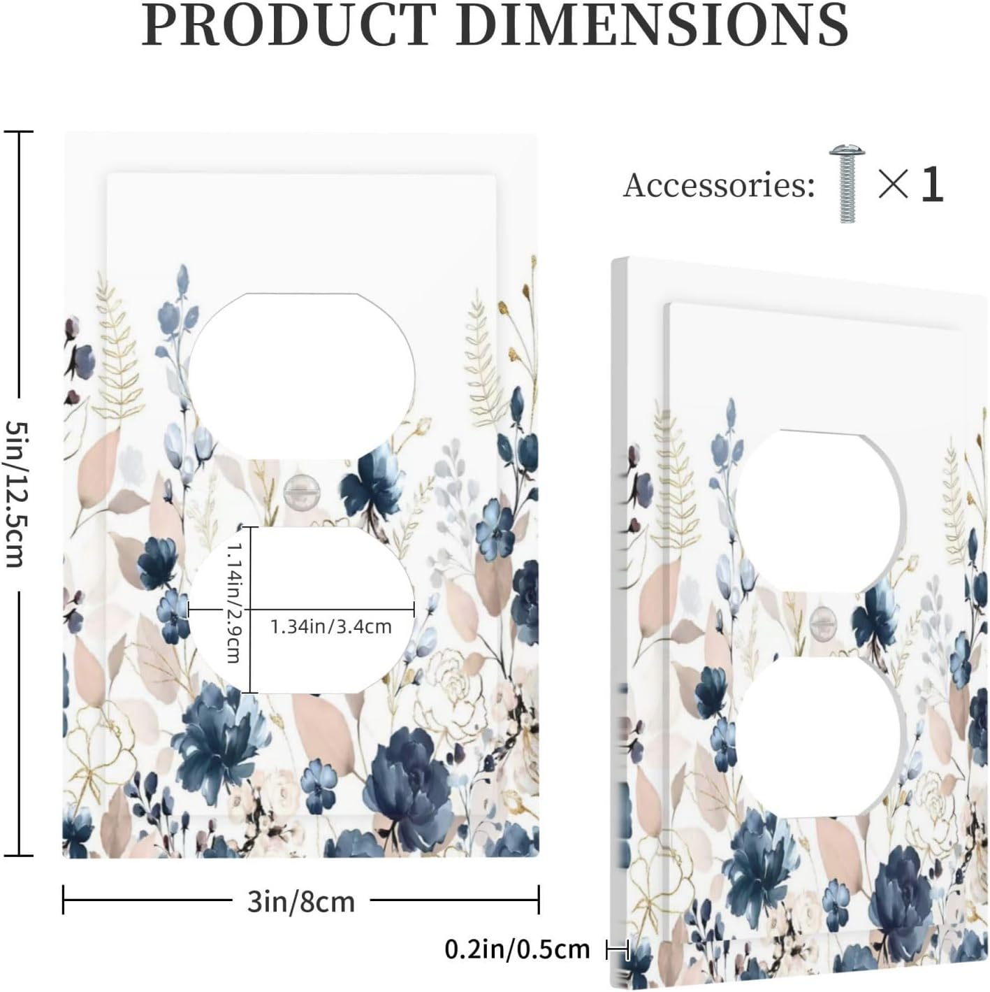 Blue Flora Boho Vintage Flower Golden Leaves Outlet Covers 1 Gang Duplex Light Switch Cover Decorative Switch Plates Electrical Receptacle Faceplate Wall Plate for Bedroom Living Room Decor