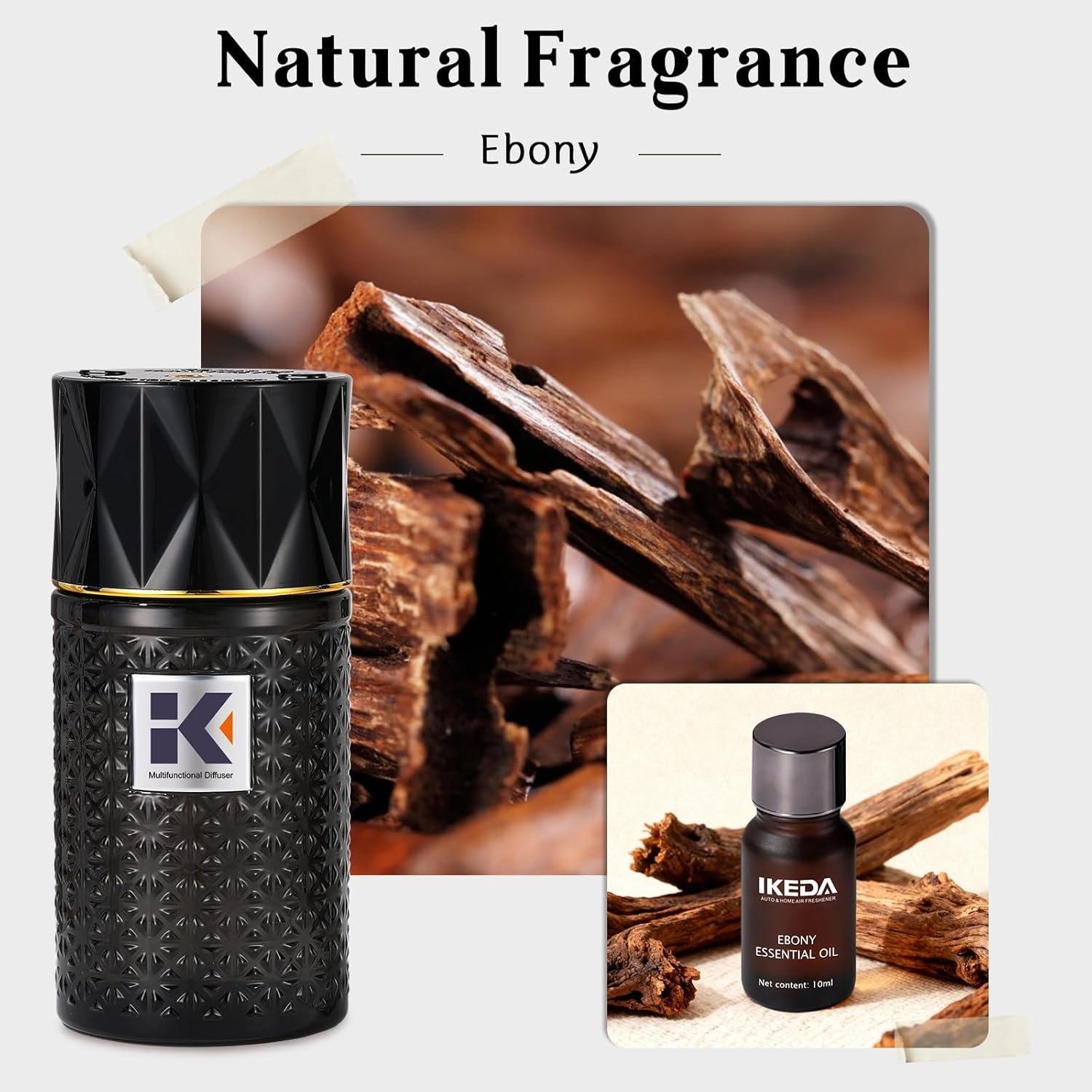 Ikeda Wireless Essential Oil Diffuser, Mini Negative Ion Mist Humidifier with Night Light & Auto Shut-Off, 250mL Ebony Scent for Room, Home, Car&Office