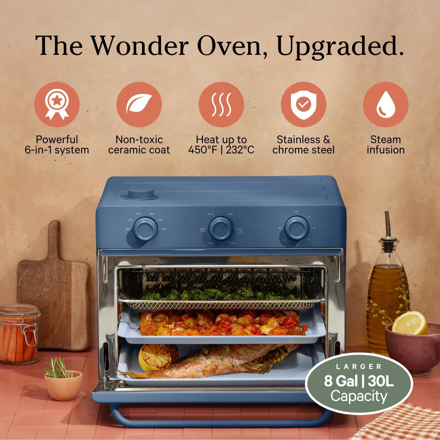 Our Place Large Wonder Oven | 6-in-1 Stainless Steel Air Fryer Toaster Oven Combo with Basket, Rack, Pan & Tray | 3-Rack, 32 QT, Large Capacity - Toast, Roast, Bake, Reheat, Broil & Steam | Blue Salt