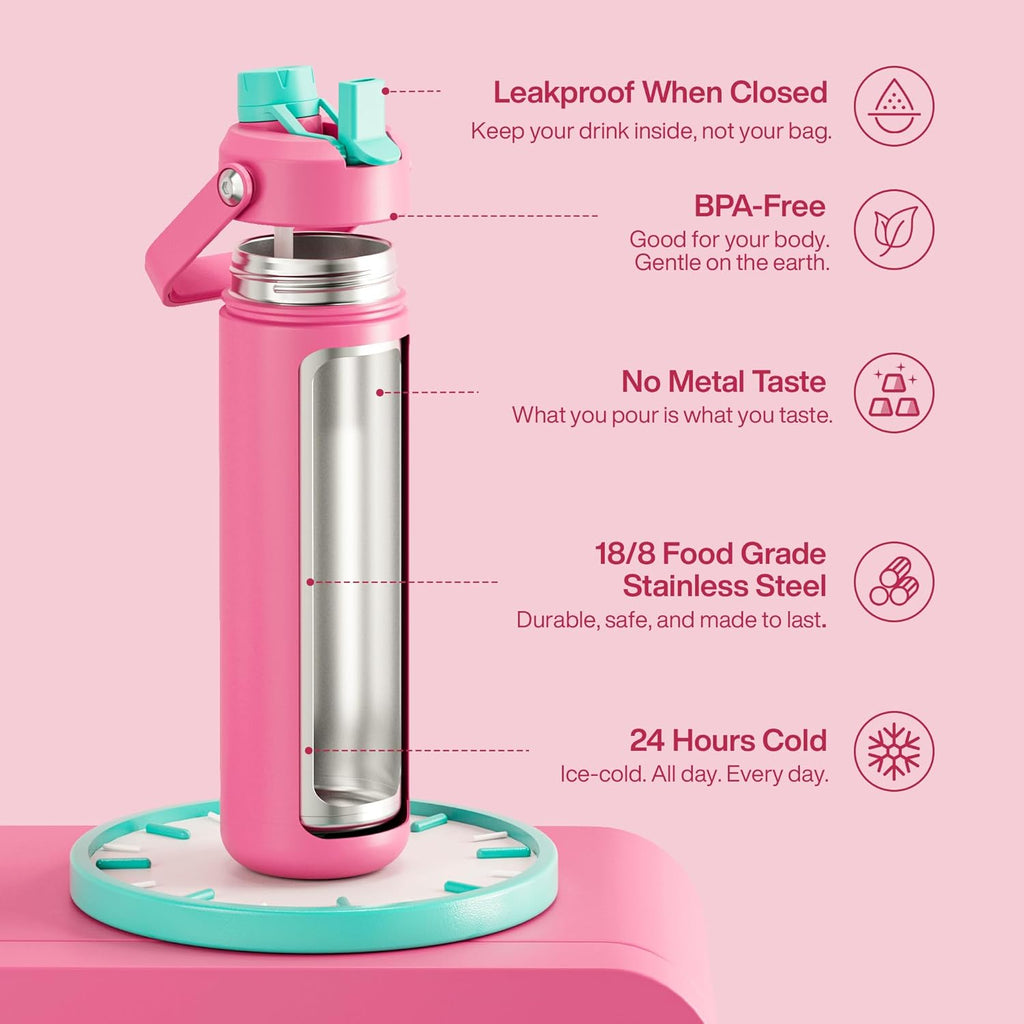 ENCOOL Insulated Water Bottle with Straw Stainless Steel Water Bottle, Leak-Proof, BPA-Free, Double Wall Vacuum Keeps Cold for 24 Hours for Sports, Travel, School (26 oz, Tulip)