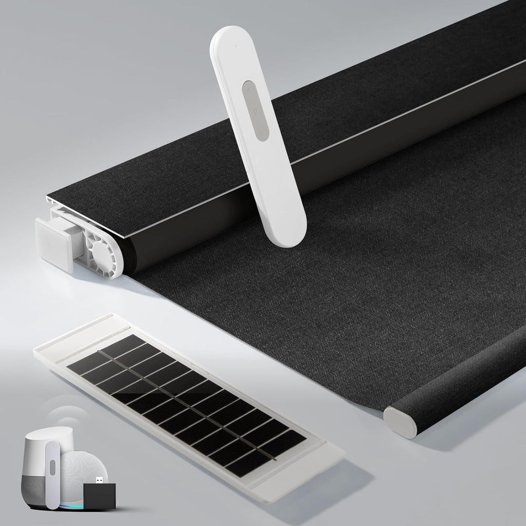 No Drill Motorized Blinds with Remote, Blackout Automatic Blinds with Solar Panel, Cordless Smart Electric Roller Shades for Windows, Black, 34½ x 72
