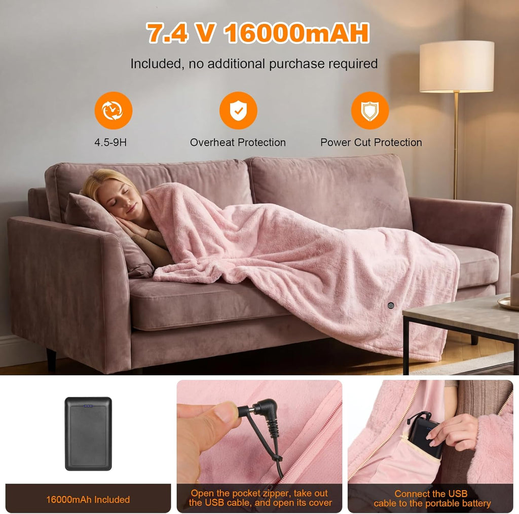 Cordless Heated Blanket Battery Operated with Fleece Lining 7.4V 16000mAh Battery Portable Wearable Heated Shawl for Women Men 6 Heating Zones 3 Fast-Heating Levels (Battery Included)