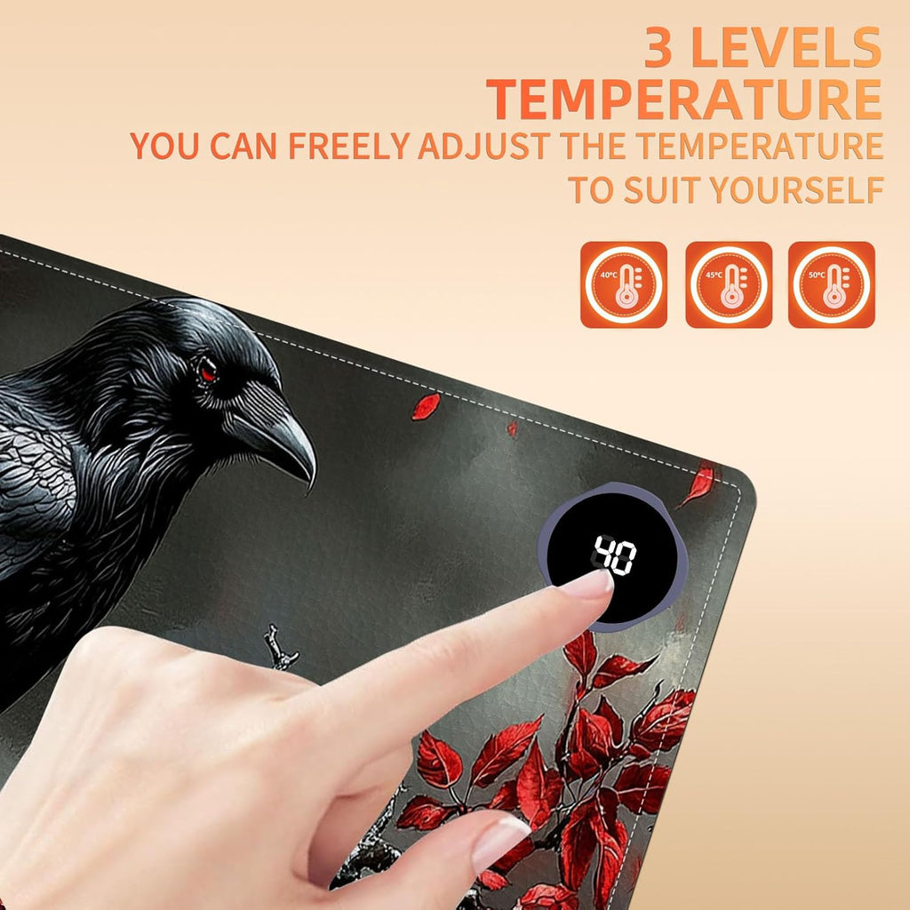 Heated Mouse Pad 31.5x13 in 3-Temp Fast Heating Desk Mat with Auto Timer Warmer for Hands Wrist Pain Relief Waterproof Keyboard Mat for Office, Gaming, Home, Raven Red Berries