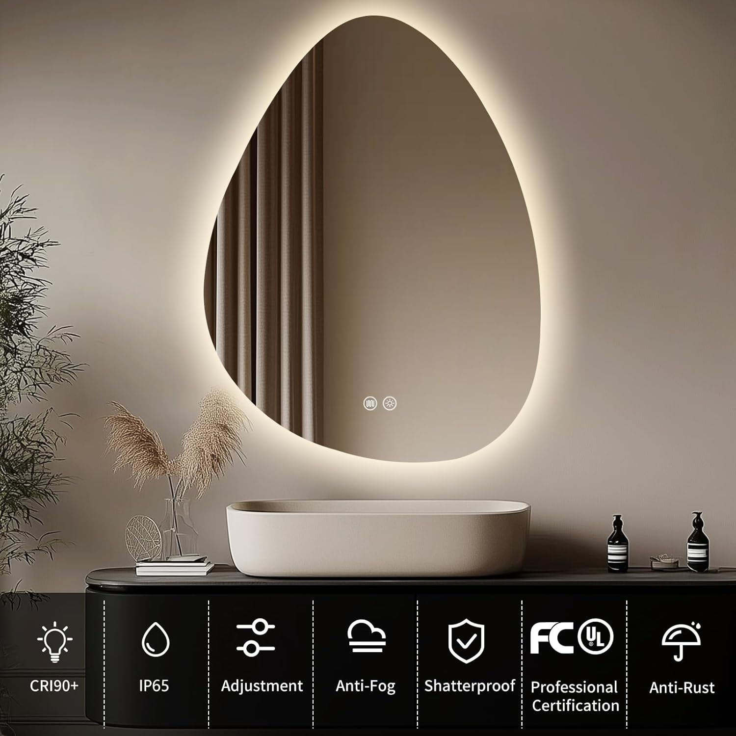 LED Light Bathroom Mirror 24x32, Stepless Dimmable Irregular LED Mirror with 3 Colors, Anti-Fog, Memory, Al-Alloy Lampshade, Frameless Makeup Mirror for Bathroom (Horizontal/Vertical)