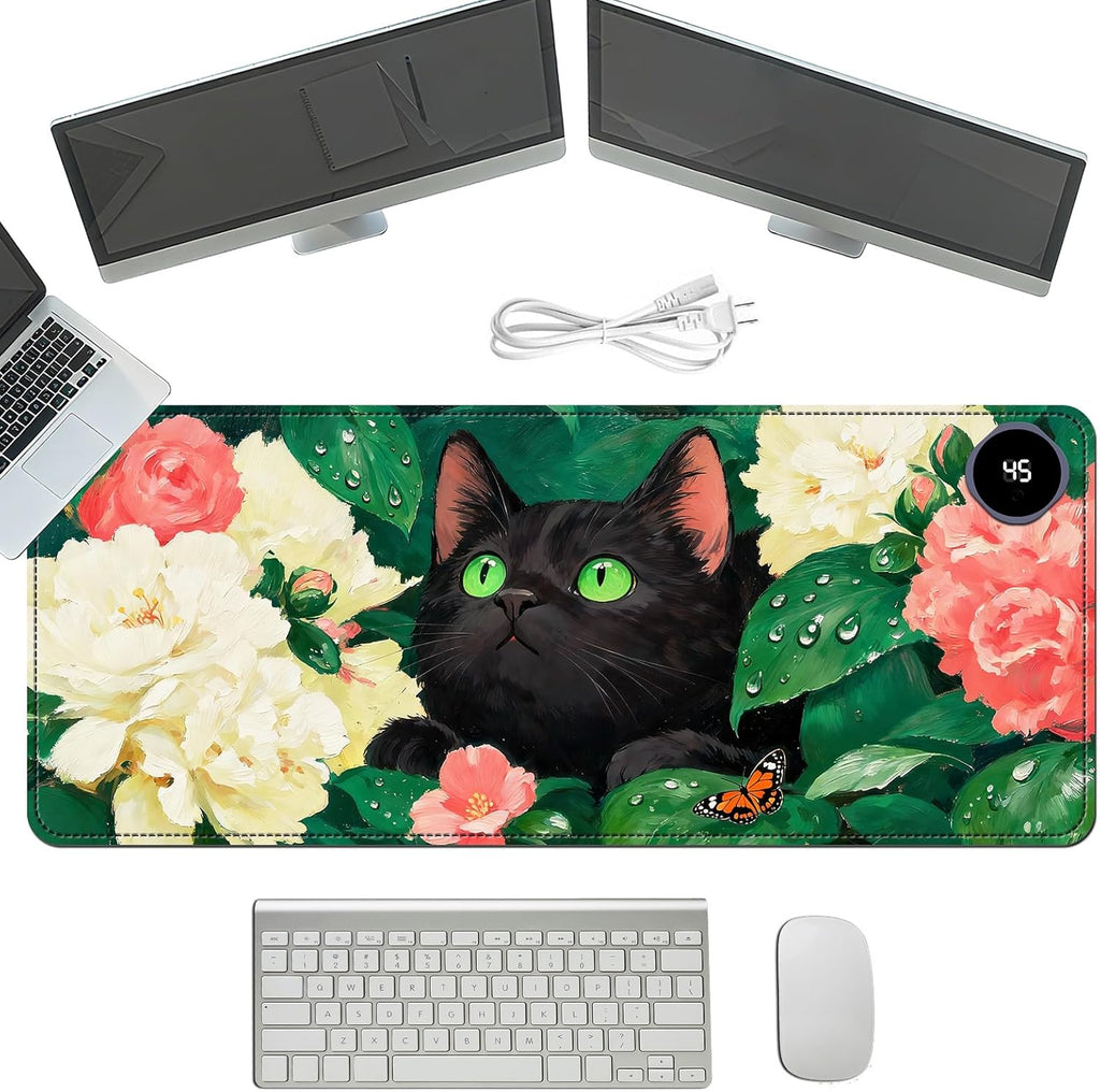 Heated Mouse Pad with 3 Temperature Settings(104°F–122°F),Large 31.5x13 Inch PU Leather Heated Desk Mat,Waterproof Warming Pad for Office,Gaming & Cold Hands Relief,Flower Black Cat Art