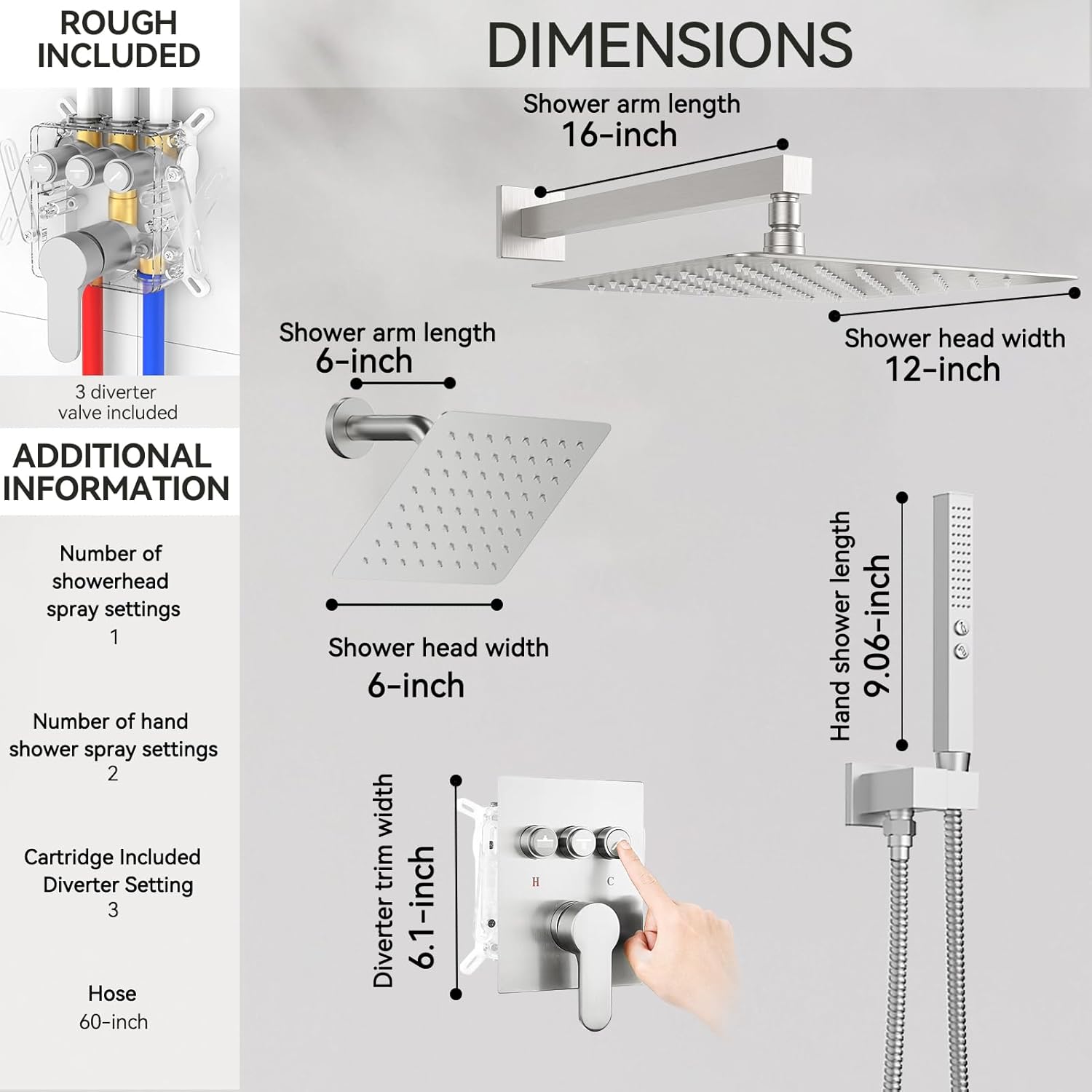 Shower System Dual Head，STARBATH 12+6" Rainfall Shower Head and Handheld Spray, Wall Mounted 3 Way Shower Faucet Set with Push Button Pressure Balance Valve and Trim Kit Brushed Nickel