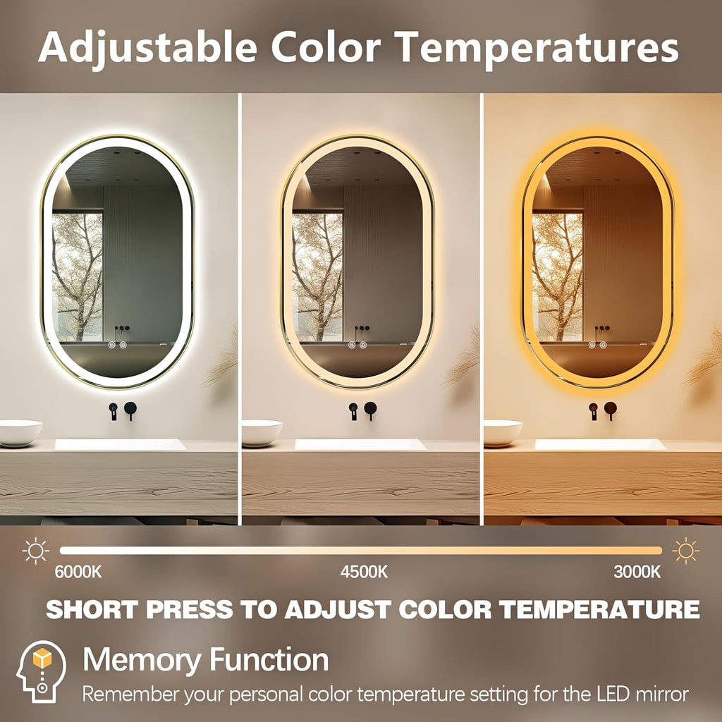 Niccy Oval LED Mirror for Bathroom, 40x24 Front Lit + Backlit Vanity Mirrors with Light Anti-Fog, Shatter-Proof, 3 Colors, Makeup Mirror with Old Gold Frame (Horizontal/Vertical)