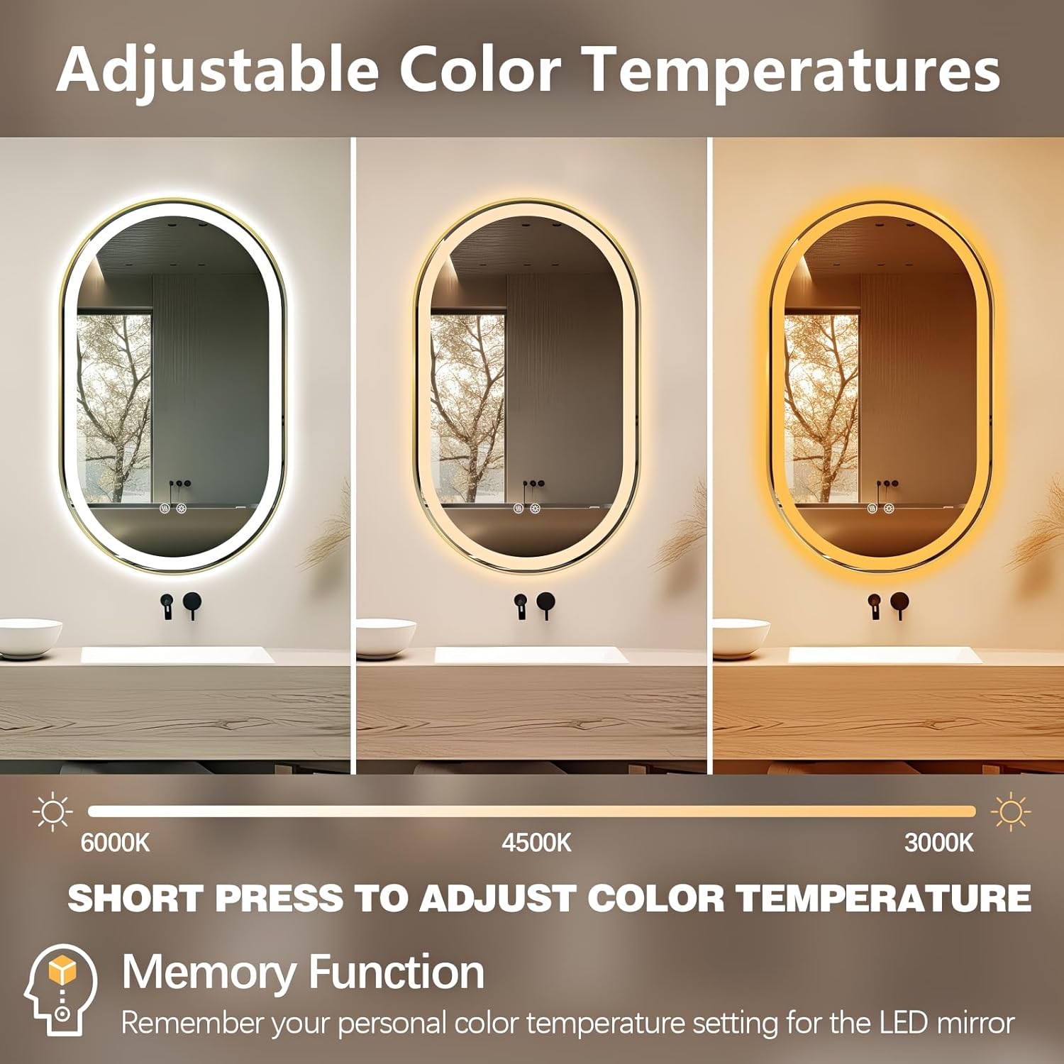 Niccy Oval LED Mirror for Bathroom, 40x24 Front Lit + Backlit Vanity Mirrors with Light Anti-Fog, Shatter-Proof, 3 Colors, Makeup Mirror with Old Gold Frame (Horizontal/Vertical)