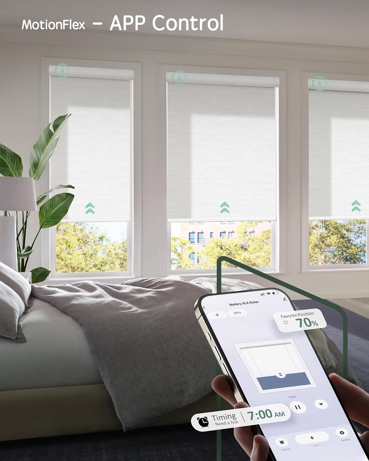 Yoolax Motorized Shades Dual Control, MotionFlex Motorized Roller Shades with App & Manual Control, Pull Down Automatic Shades for Indoor Windows, Custom Size(Light Filtering Jacquard White)