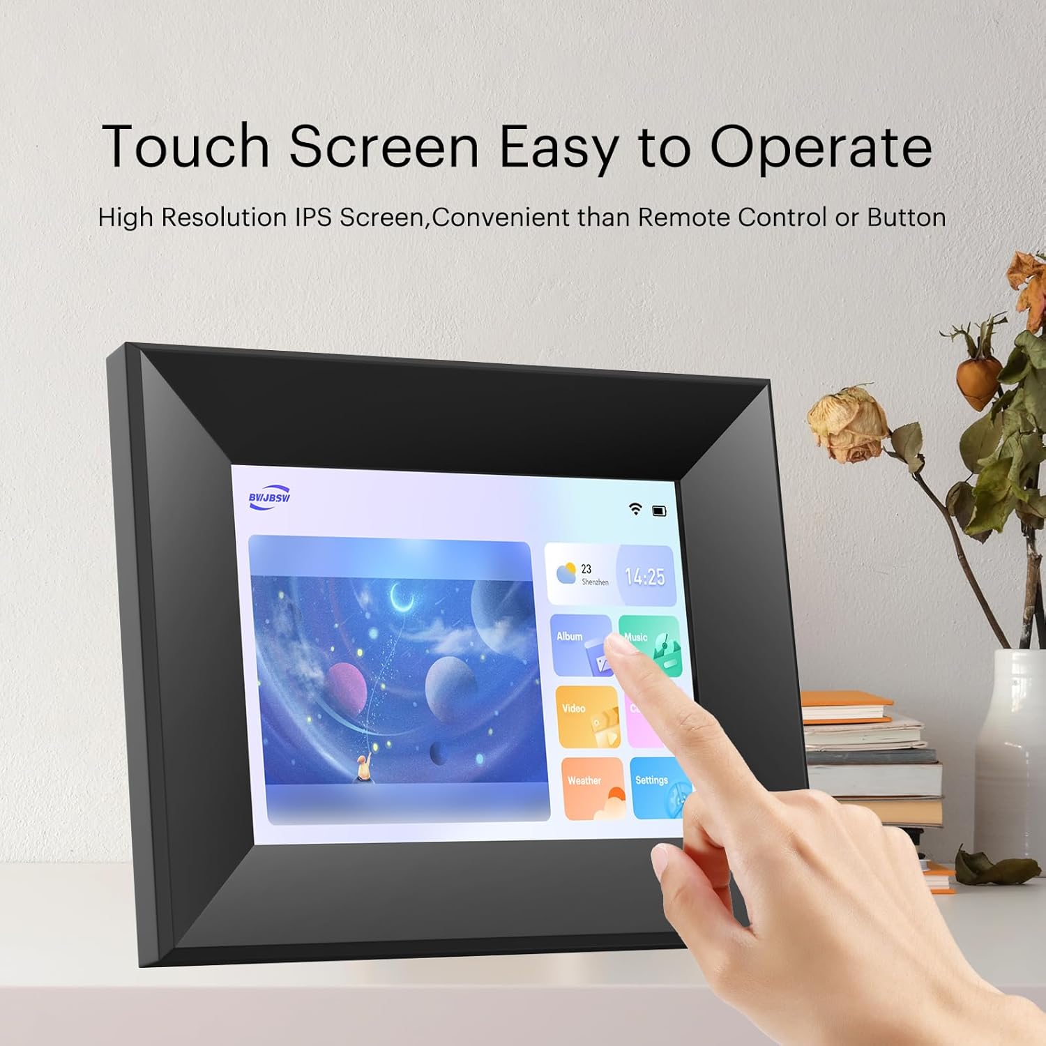 8-Inch Digital Picture Frame with WiFi, Wood Finish Smart Photo Frame HD IPS Touch Screen with 16GB Storage – Easy Photo & Video Sharing from Anywhere – Ideal Gift for Family, Black