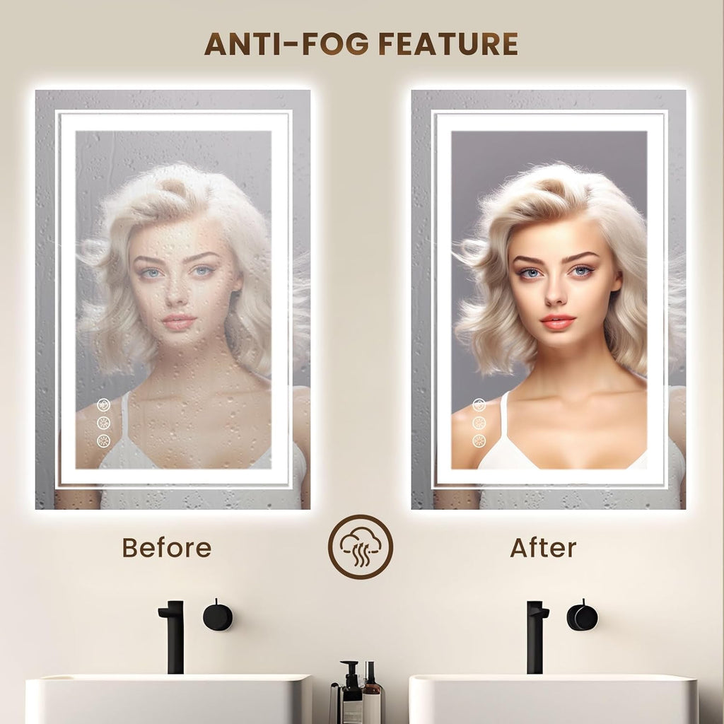 WTTY RGB LED Bathroom Mirror 24"x36" with Backlit and 3 Front Light,Stepless Dimmable LED Mirror for Bathroom,Lighted Bathroom Vanity Mirror for Wall,Anti-Fog,Memory Function,Shatter-Proof