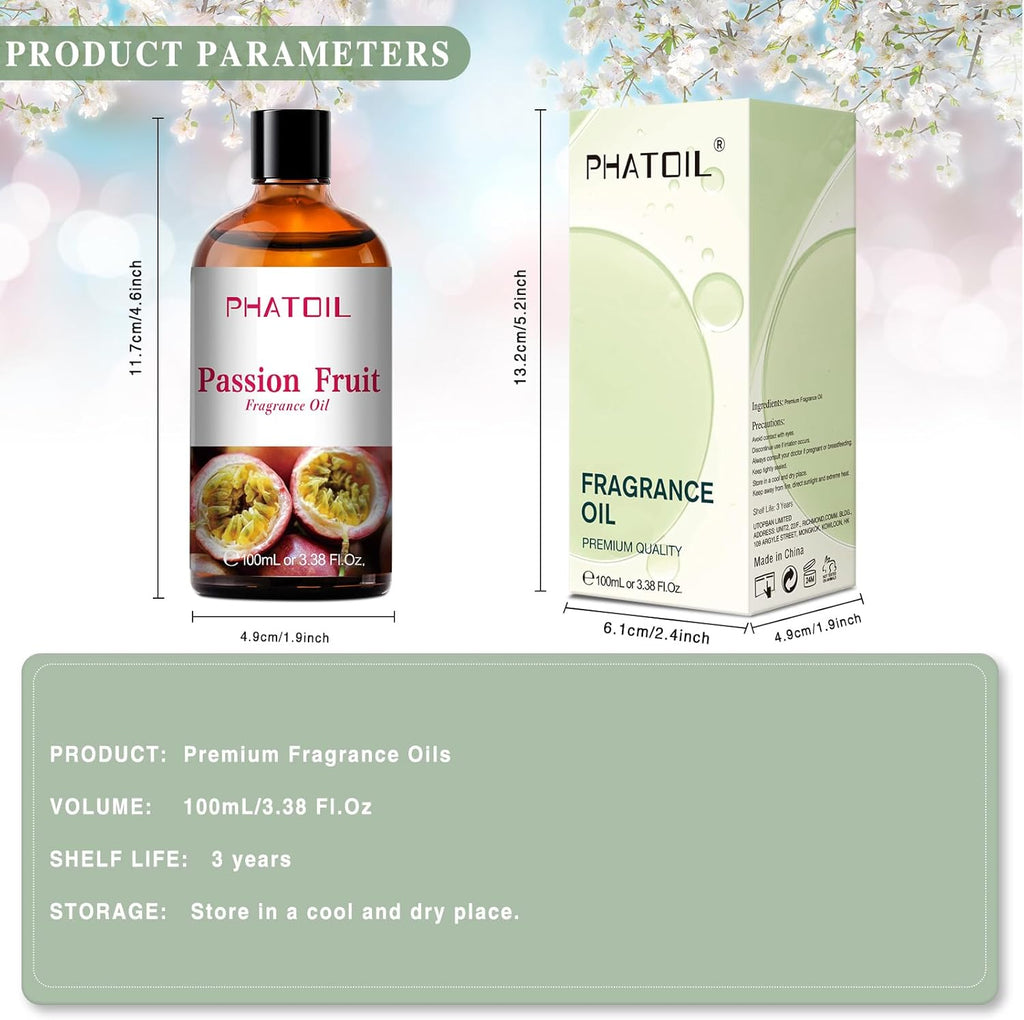 PHATOIL 3.38FL.OZ Passion Fruit Fragrance Oils for Aromatherapy, Essential Oils for Diffusers for Home, Perfect for Diffuser, Yoga, Skin Care, DIY Candle and Soap Making - 100ml