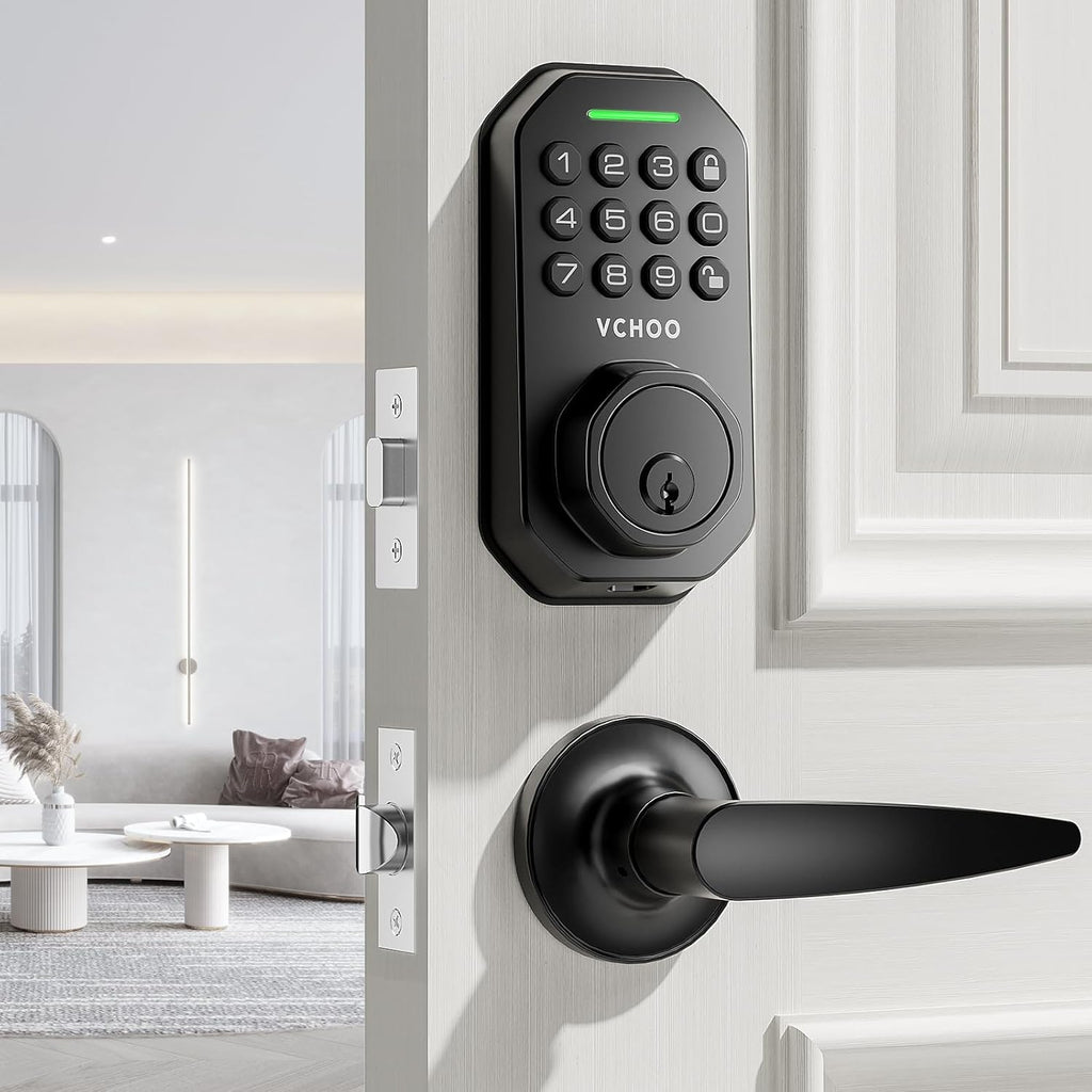 Keyless Entry Door Lock Set Smart Locks for Front Keypad Door Lock with Handle Automatic Lock One Time Password Anti Peeping Password IP54, Black