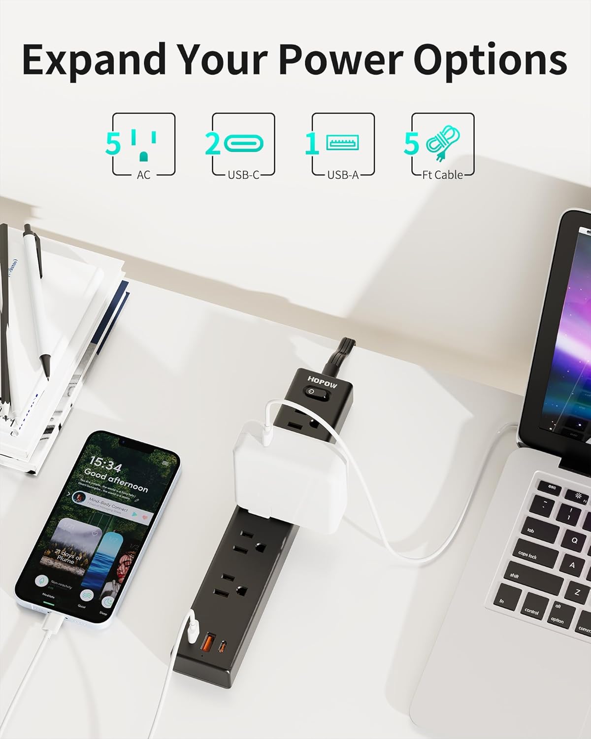 5Ft Extension Cord with Multiple Outlets, HOPOW Flat Plug Power Strip Surge Protector, 5 Outlets & 3 USB Ports (2 USB C), 1700 Joules, Wall Mount, Charging Station for Home Office Dorm, Black
