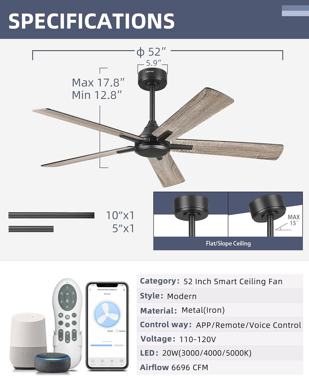 YOUKAIN Ceiling Fan without Light, 52 Inch Black Ceiling Fans, Smart Ceiling Fans Remote & APP Control, Reversible Blades, Outdoor Ceiling Fan for Bedroom, Living room, 52-YJ812-BK-NL